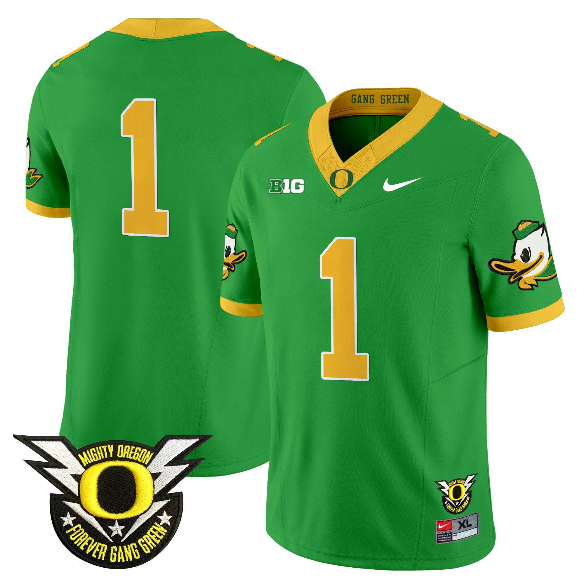 Men Oregon Ducks #1 No Name Green 2024 Nike Forever Gang Green & BIG Patch Vapor Limited NCAA Jersey->ncaa teams->NCAA Jersey